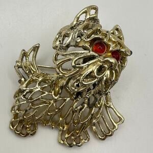 Vintage gold tone Scottie dog trembler en tremblant red glass eyes brooch